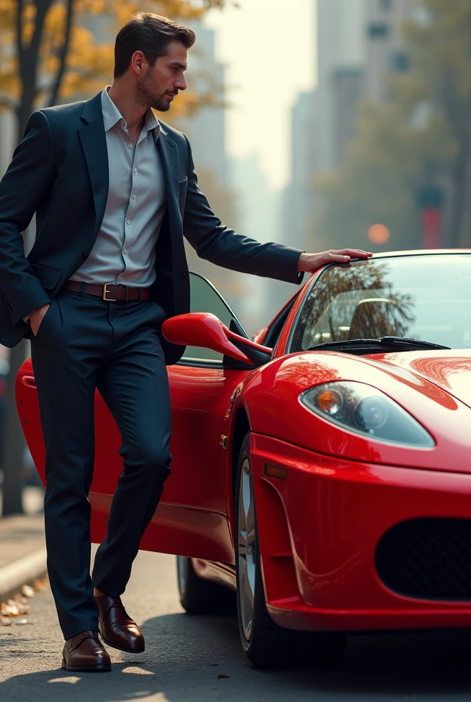 A red colour car parking ,a man open car door