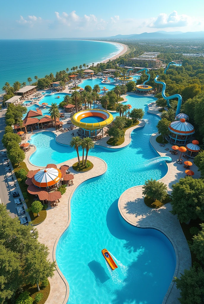 an Aqua Park with luge
 and wave pool, large swimming pool, slow river, with water games and themed restaurant and parking
on a plot of 11430m² close to the sea and in the first position of a road all in one photo