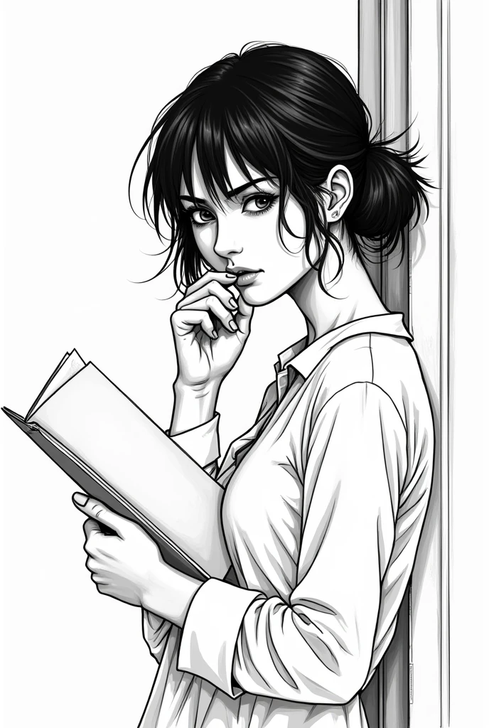 She may be portrayed in a pose that reveals her cunning or dissatisfaction., perhaps holding a letter or ''looking through a window'', reflecting your desire for something beyond your current life.
only the black and white outline