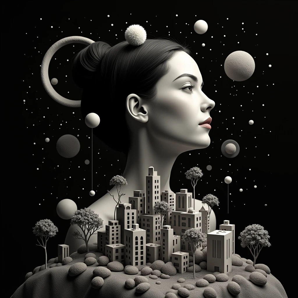 a portrait of {subject}, in the style of a new look, black backdrop, a set of floating shapes and figures that represent the cosmos, with large geometric circles in monochromatic contrasting tones, and little black dots scattered all over. Among these shapes is a miniature city made up of small buildings, Trees, and other urban elements. The overall effect should be one of whimsy and fantasy., with a surreal quality that gives it a dreamlike touch. reverse the channels, Negative color