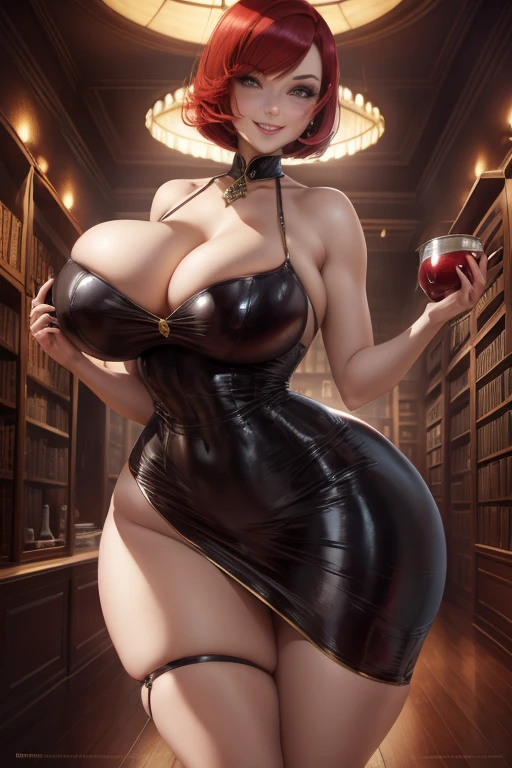 Witch, sexy pose, big breasts, curvy, smile, bob haircut, sexy china dress, redhead, dark library
