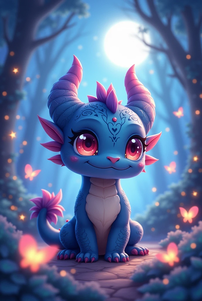 Charming chibi Night Fury dragon, combining enchanting feathers and velvety fur, sleek reptilian body with soft pastel shades, large expressive eyes radiating curiosity, intricately detailed markings upon its scales, surrounded by a mystical night-themed landscape, dense foliage illuminated by soft moonlight, delicate ethereal glow surrounding the creature, amidst a backdrop of shimmering starlit sky, whimsical atmosphere enchanting and inviting, swirling lights dancing in the air, vibrant hues capturing the essence of fantasy worlds, foreground animated with playful butterflies fluttering around, inviting viewers into a scenario filled with wonder, emphasizing cuteness and vibrancy using striking anime art style, infused with an enchanting color palette incorporating soft blues, purples, and glowing whites, dynamic composition that draws the viewer into the magic of the scene, showcasing the charm of both dragon features and chibi aesthetics, executed in rich anime storytelling tradition, capturing a moment of fantastic whimsy where fantasy meets adorable charm.