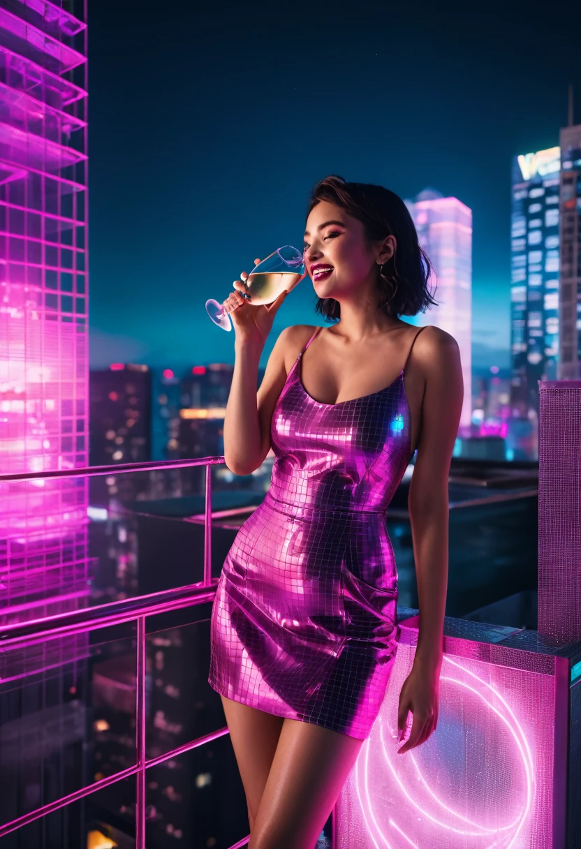 hntdlnwrk style, aesthetic, mad-vprwv cyberpunk woman, crowded rooftop party on skyscraper,magenta moon, dress, neon, grid on clothes, holding a drinking sparkling wine, light smile, swimwear, vaporwave.