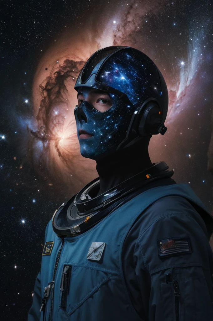 (best quality, masterpiece),Detailed,1boy,astronaut,complex portrait of a sci-fi Borg floating in outer space,nebula,galaxy,Looking forward,(cybernetic limb:0.7),