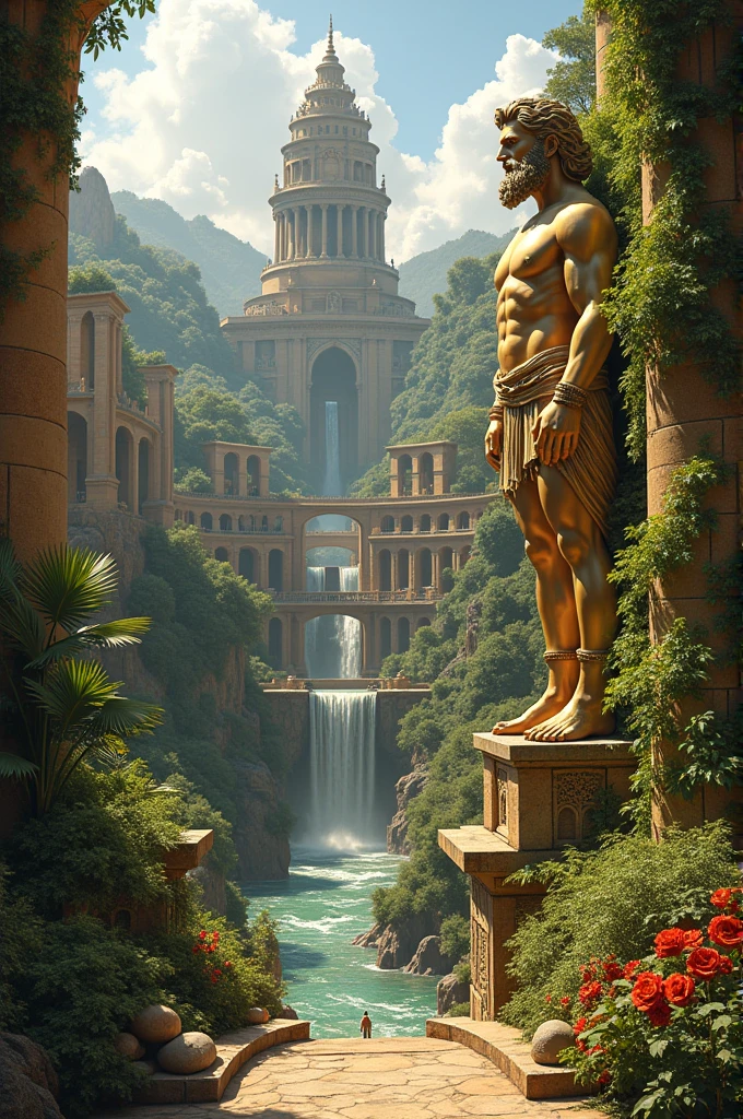 Generate an extravagant 4K picture of the hanging gardens of Babylon alongside the statue of zeus in gold and bronze 
