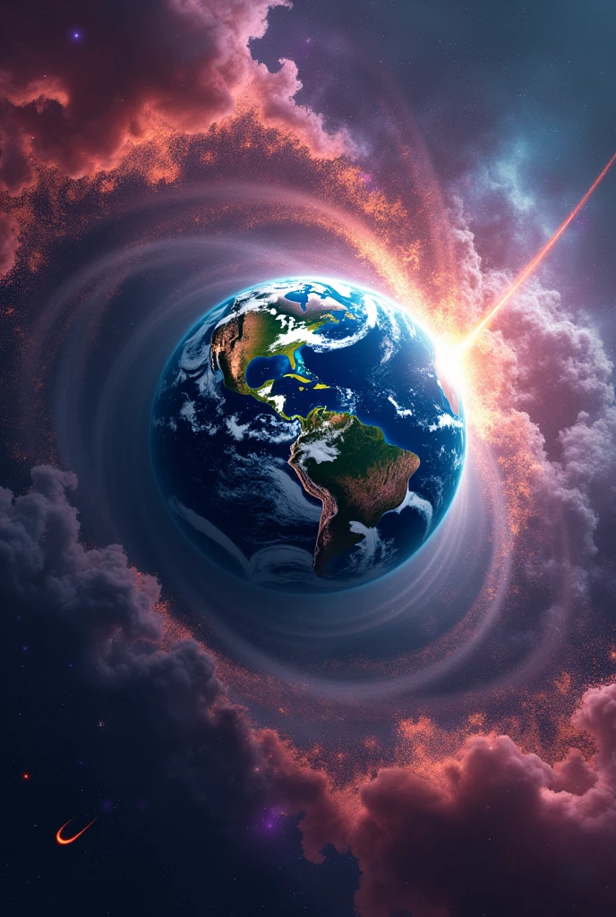 Make a high quality image of planet earth with comets and meteors and red and purple cosmic dust lights with well positioned objects 