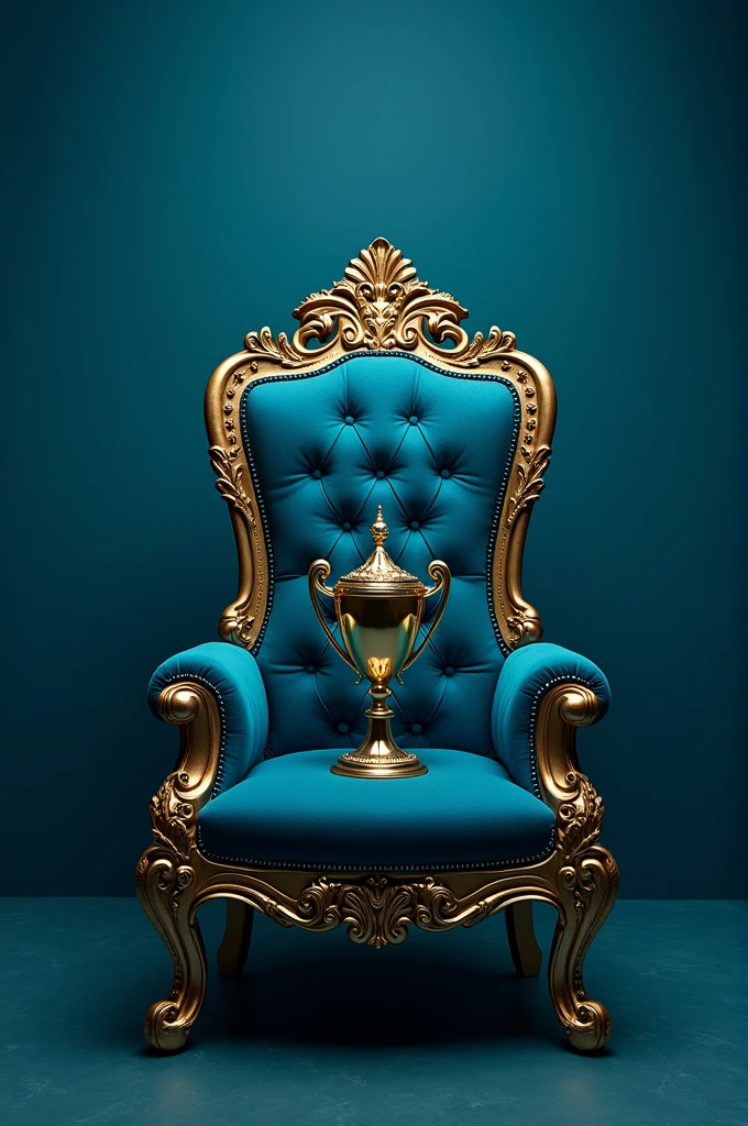 A throne with a trophy placed on the cuision of the chair with a professional background in peacock blue colour. It should be elegant and beautiful