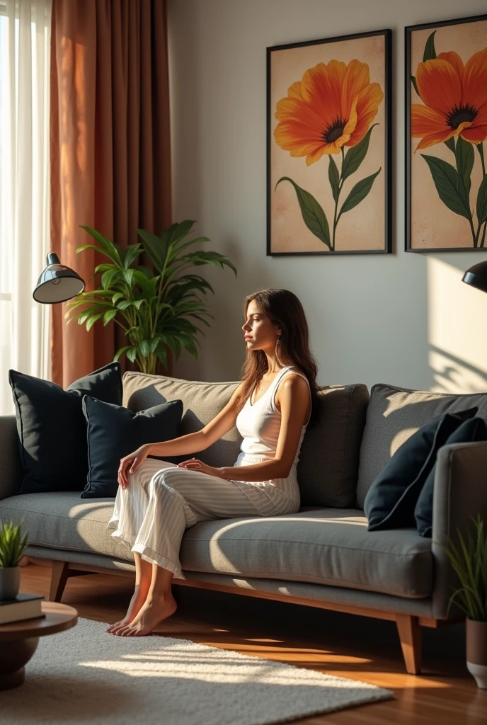 A Brazilian woman sitting on the sofa ,on the wall two paintings measuring 60 cm by 80 cm on the wall above the modern gray sofa with black cushion
, small apartment room, well lit and with flowers, carpet and lamp