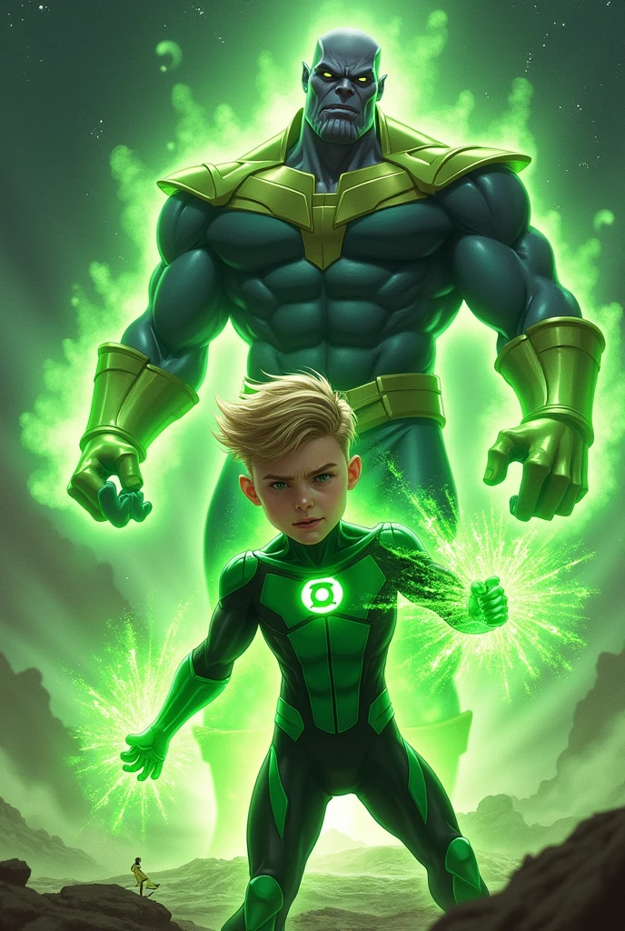 Generate a blond Green Lantern. He is around 1. He's not really musculare, normally built and has bewon eyes. He's fighting Thanos.