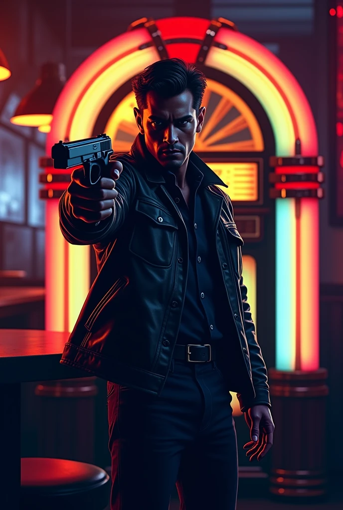 Man with gun in a bar with a jukebox vector style