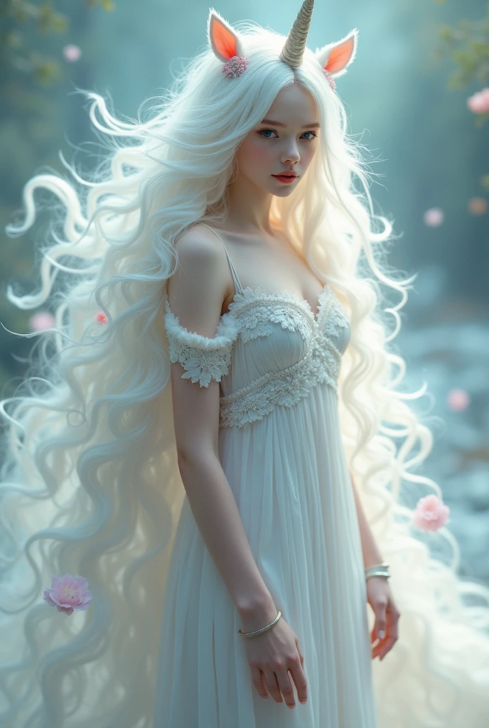 white girl as a unicorn with unicorn hair all over from head to toe full body.