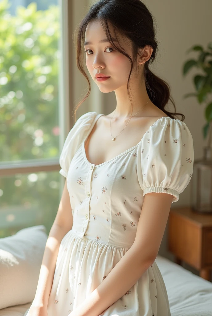 White cotton dress with small print on it with short puffy sleeves modify the dress
