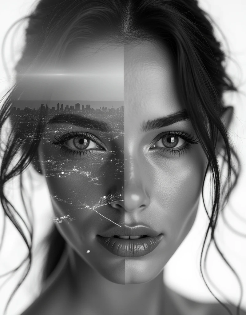 double exposure of a beautiful womans face looks straight in the camera, her skin is absolute clear and wonderful her hair black, the second part of the image is a large city, put the images together with a stroke in the middle, black and white photography, hyper realistic, ultra detailed, award winning photography