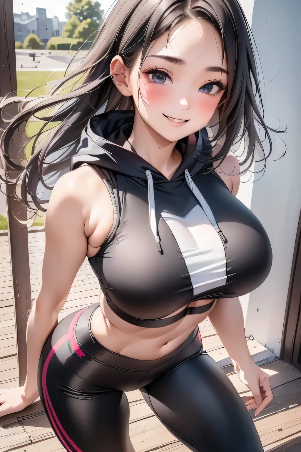 ((masterpiece,Highest quality,Highly detailed images,Beautiful images,Realistic)), ((1 girl, cool face, cool lady, Crop top,Black sportswear, Sporty hoodie、Long tights、underboob, smile, blush)) ,((indoors、fitness gym, Hair swaying in the wind))
