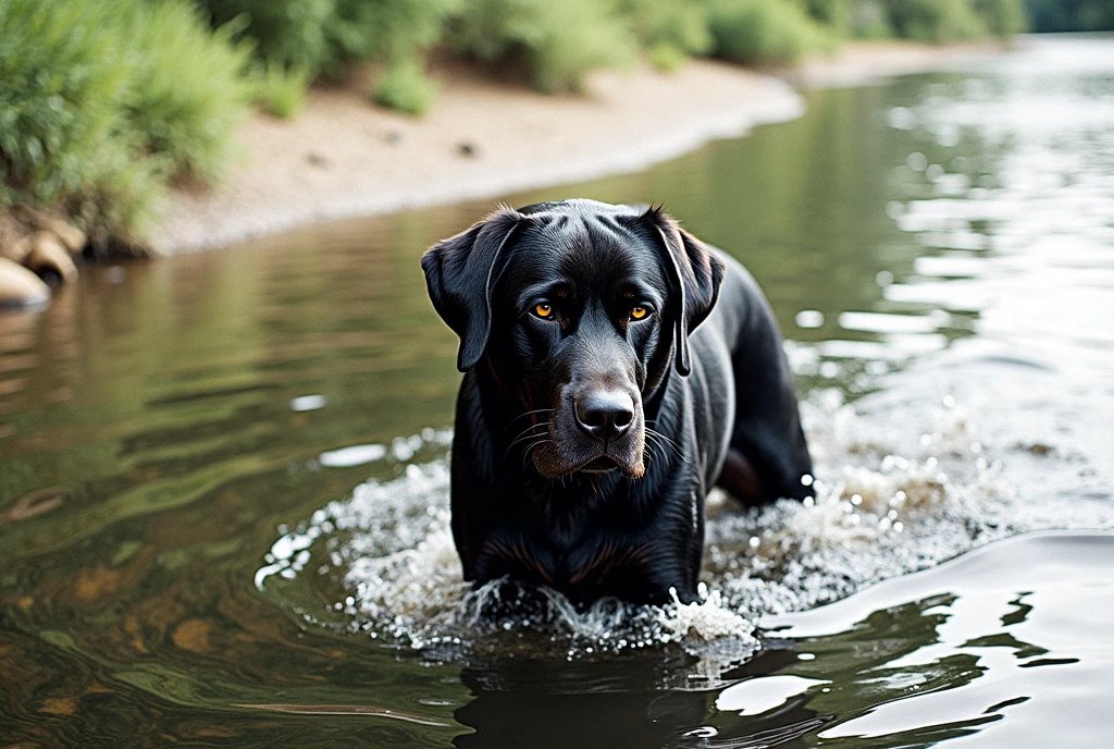 there is a black dog that is standing in the water, dog, at the waterside, black dog, a handsome, in a pond, in the water, a dog, river in front of him, the photo shows a large, bear, labrador, menacing!, playing with the water, emerging from the water, wet fur, handsome, nice face