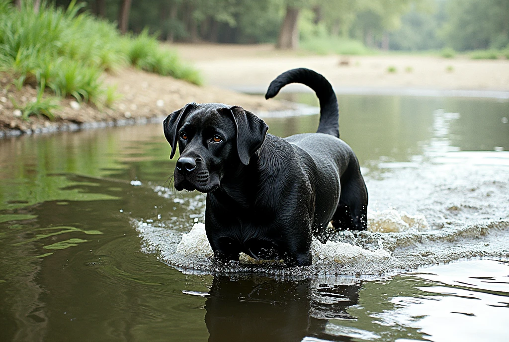 there is a black dog that is standing in the water, dog, at the waterside, black dog, a handsome, in a pond, in the water, a dog, river in front of him, the photo shows a large, bear, labrador, menacing!, playing with the water, emerging from the water, wet fur, handsome, nice face