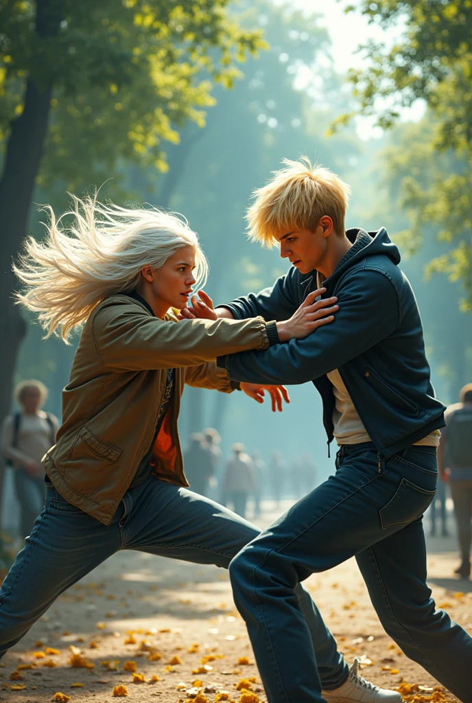 Teenage boy with long white hair Ppowerfull Fights with teenage boy with blonde short hair and Blue eyes In the park next to the school in Paris