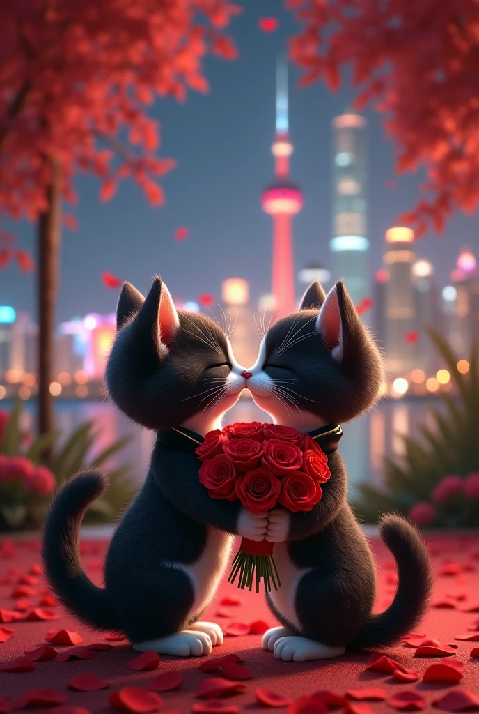 Cute kitten anthropomorphization、Beautiful black and white body hair、Landscape、Accepting the proposal､A little formal atmosphere、Two people hugging each other、Red rose petals around、A bouquet of 100 roses、Background Shanghai night view、