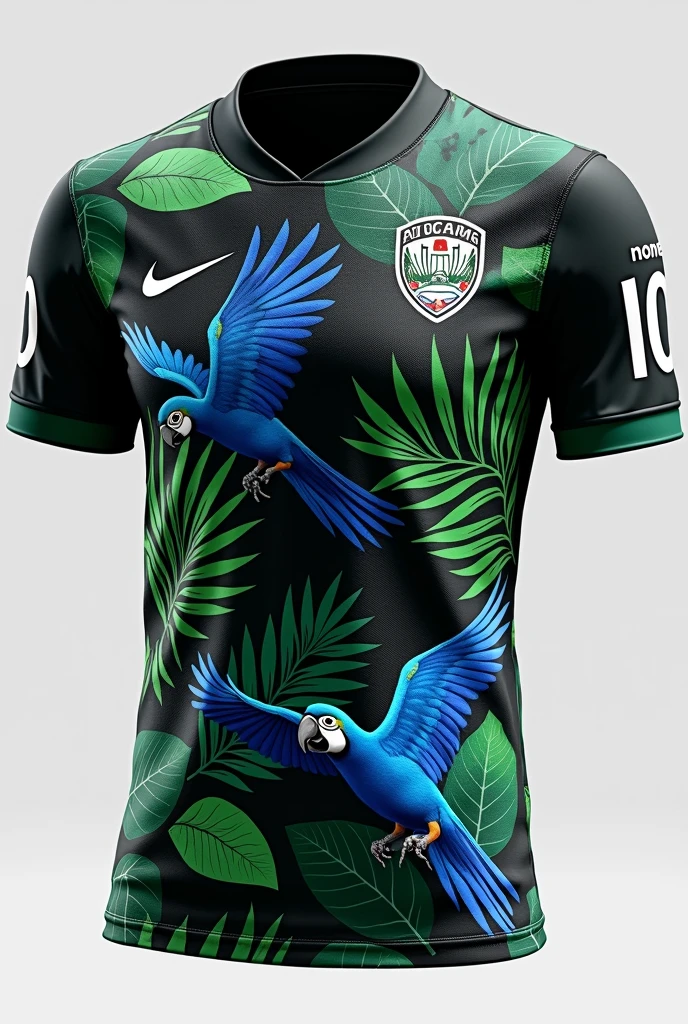 
**Prompt**: "A soccer jersey with a black base color, featuring vibrant blue macaws in flight, detailed on the front. The sleeves are adorned with large tropical leaves in various shades of green. The team's logo is prominently displayed on the left chest area. The collar and cuffs are dark green. On the back, the jersey displays the number 10 with a small blue macaw flying above it, and the text 'NOME' written above the number."