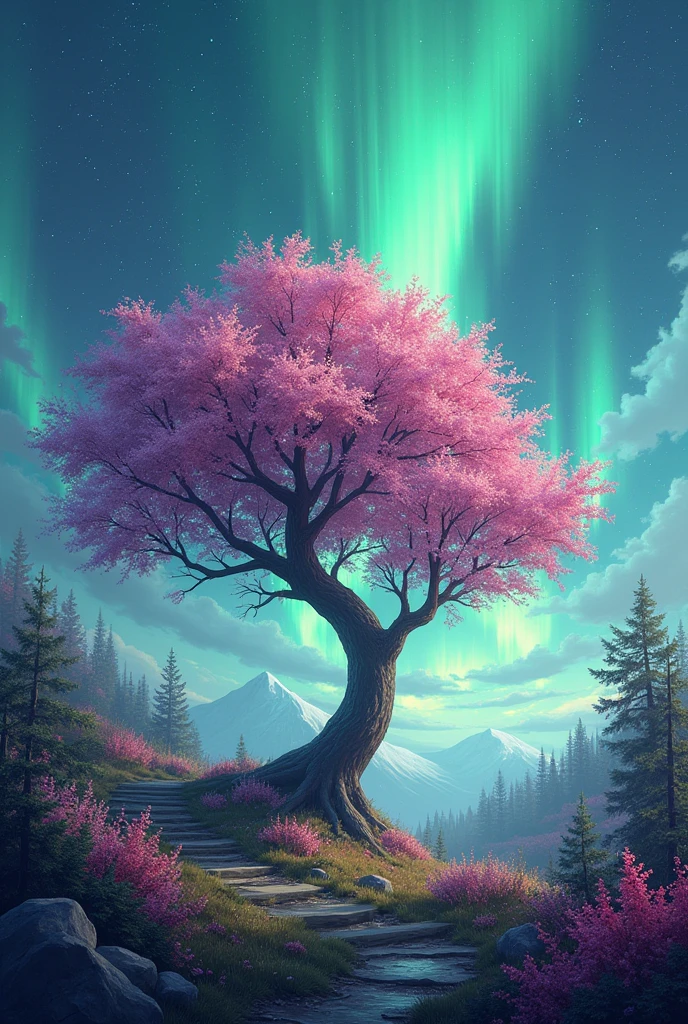 Create a drawing where there is a background with auroras and also flowers coming out of a tree