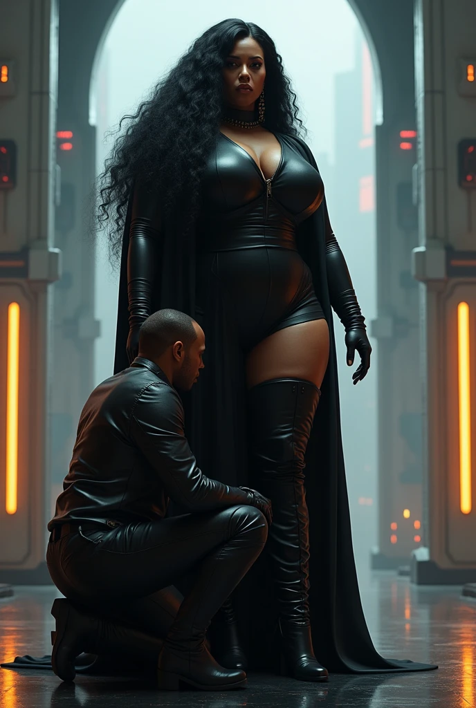 (photorealism:1.2)  cyber realistic 
beautiful ebony plus size dark brown skinned tone melanin women, with long flowing black hair bbw plus size curvaeous woman radiating authority ,A woman in long boots, black dress and black gloves holding another kneeling white man in formal clothes on a leash,