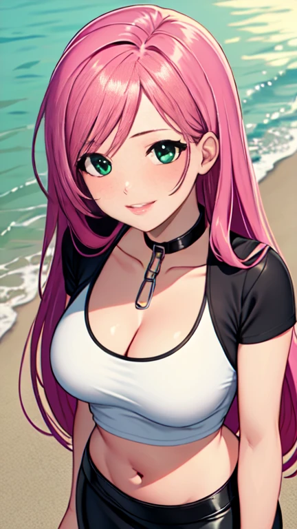 Masterpiece, raw, beautiful art, professional artist, 8k, art style by sciamano240, very detailed face, very detailed hair, 1 woman, perfectly drawn body, beautiful face, long hair, pink hair , very detailed green eyes , rosey cheeks, intricate details in eyes, playful smile, looking directly at viewer , in love with viewer expression, black chocker, lipstick, wearing cute summer clothes, white crop top, short black pencil skirt, brown wedge heels, standing up, sunny day fall, cleavage, standing up