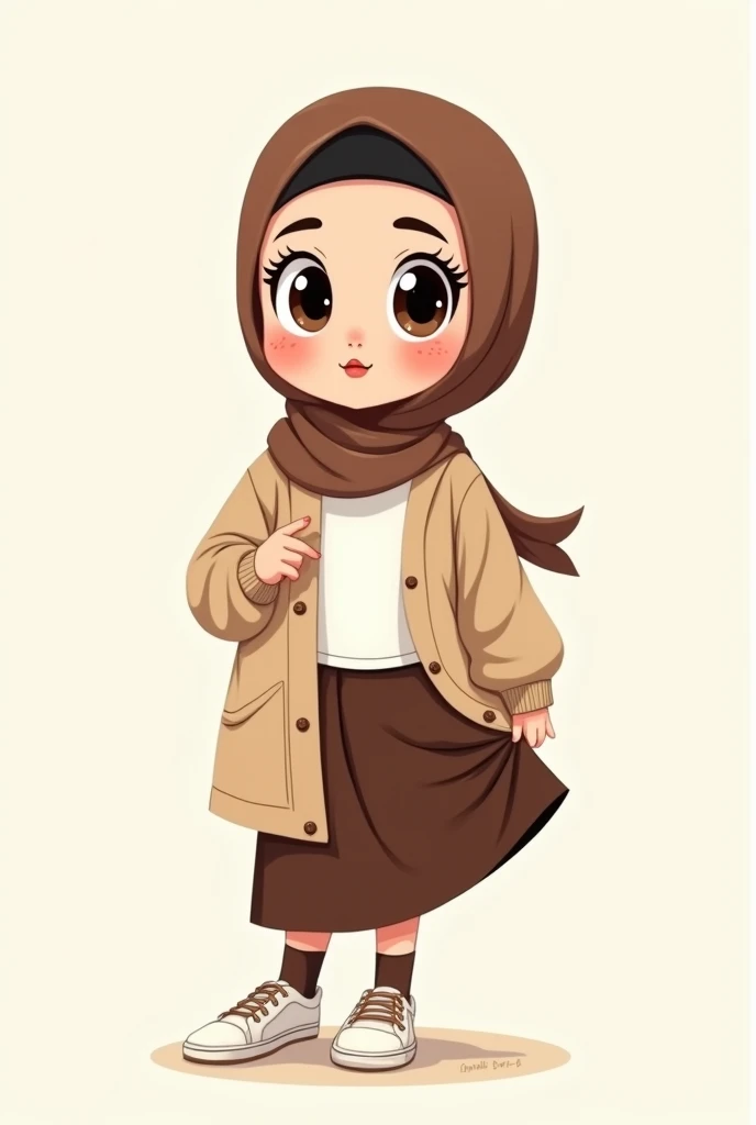 Cartoon with text:
(masterpiece, best quality, 4k, expressive eyes, perfect face, 2d style, flat style, hand drawn), Little barbie girl, Cute and adorable face, big detailed eyes, Cute little cartoon girl, with brown hijab on, wearing oversized beige cardigan, white shirt, brown skirt, brown socks, sneakers, pulling up her skirt, upskirt, exposed legs, white underwear