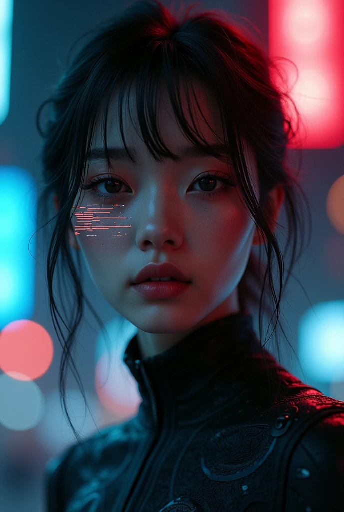 A music cover depicting a black woman with Asian features who looks almost human, but it is clearly artificial, made by AI. The image must have a futuristic and cyberpunk aesthetic. The woman is beautifully detailed, with realistic face and features, but there are subtle signs of its artificiality, as visible circuits under the skin, glowing eyes or a digital glitch effect on part of your face. The background should be dark and moody, with a mix of neon lights and technological elements, creating a sense of high-tech world. The overall tone should evoke a sense of something that is both beautiful and disturbing., emphasizing the idea that it is not real, but rather a creation of artificial intelligence.