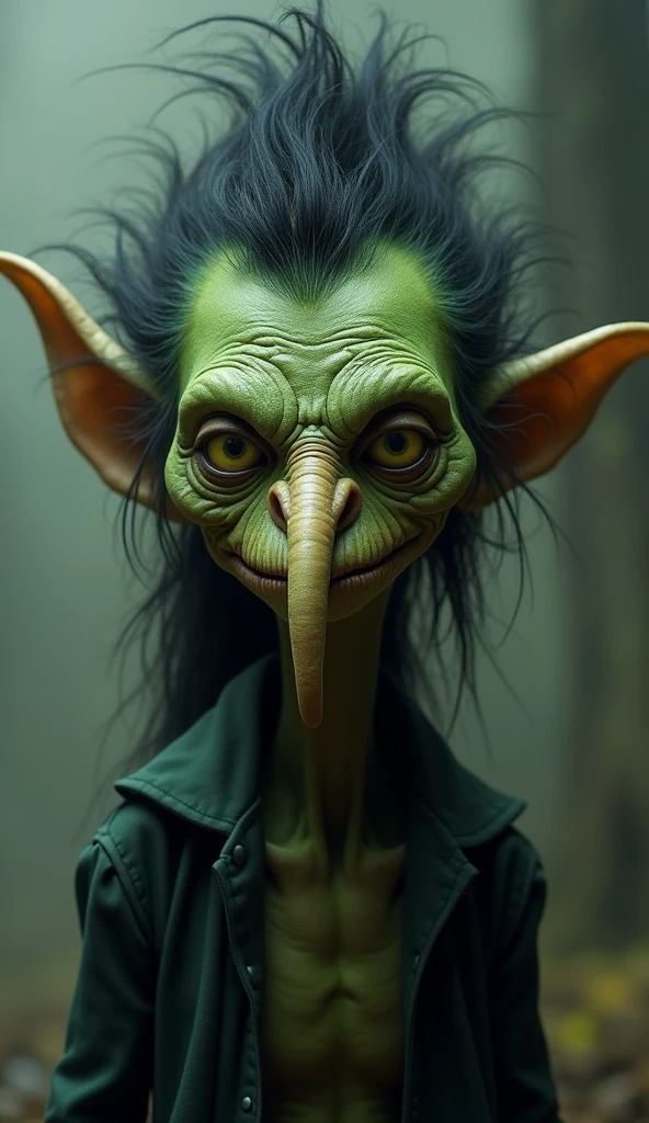 um goblin, the skin of the green tone of the lakes. The nose is long and twists all the way around before curving back towards the face., like a scythe. The hair is a black tuft on top of the head. The eyes are unreadable.