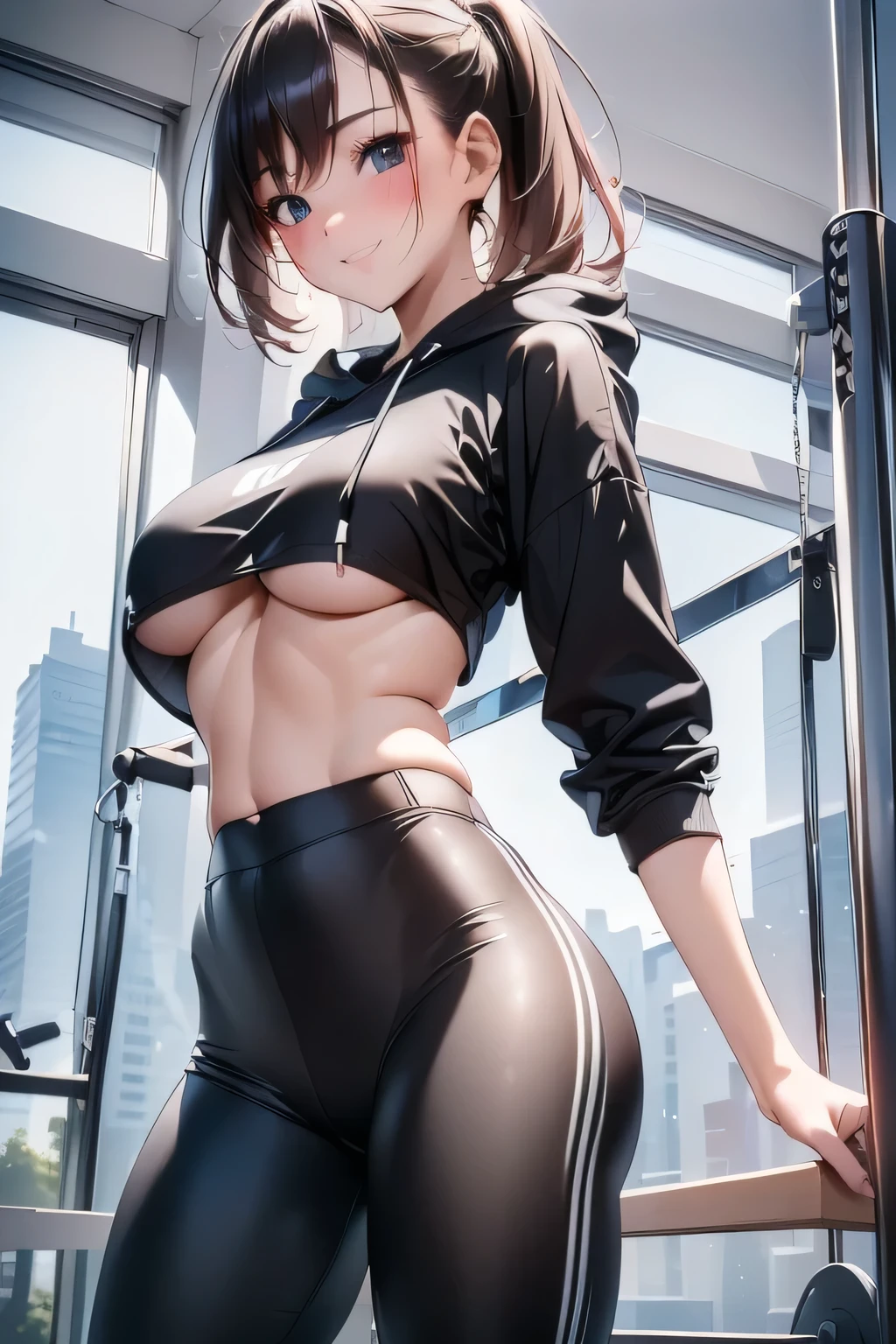 ((masterpiece,Highest quality,Highly detailed images,Beautiful images,Realistic)), ((1 girl, cool face, cool lady, Crop top,Black sportswear, Sporty hoodie、Long tights、small breasts, underboob, smile, blush)) ,((indoors、fitness gym, Hair swaying in the wind))
