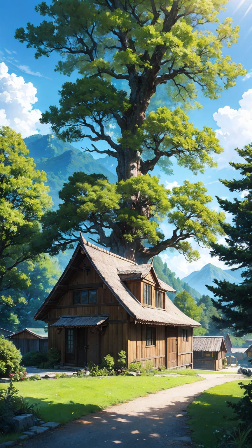 Create a sharp and vibrant 4K anime-style image depicting a serene, picturesque scene. The focal point is a small, cozy house nestled next to a colossal, ancient tree, both perched precariously at the edge of a towering mountain cliff. The house exudes warmth and simplicity, with wooden beams and a thatched roof, blending harmoniously with its natural surroundings. The tree, with its massive trunk and sprawling branches, dominates the scene, symbolizing strength and timelessness. Lush, green grass carpets the area around the house and tree, adding a touch of natural beauty.
The sky above is a brilliant blue, dotted with dense, fluffy white clouds typical of a clear summer day. The sunlight bathes the scene in a golden hue, casting soft shadows that accentuate the depth and detail of the environment. The perspective is from the bottom of the mountain, looking up, emphasizing the dramatic height of the cliff and the majesty of the tree. The image should convey a sense of peace and clarity, with every detail—from the blades of grass to the texture of the clouds—rendered in sharp, high-definition quality, capturing the essence of a perfect summer day.