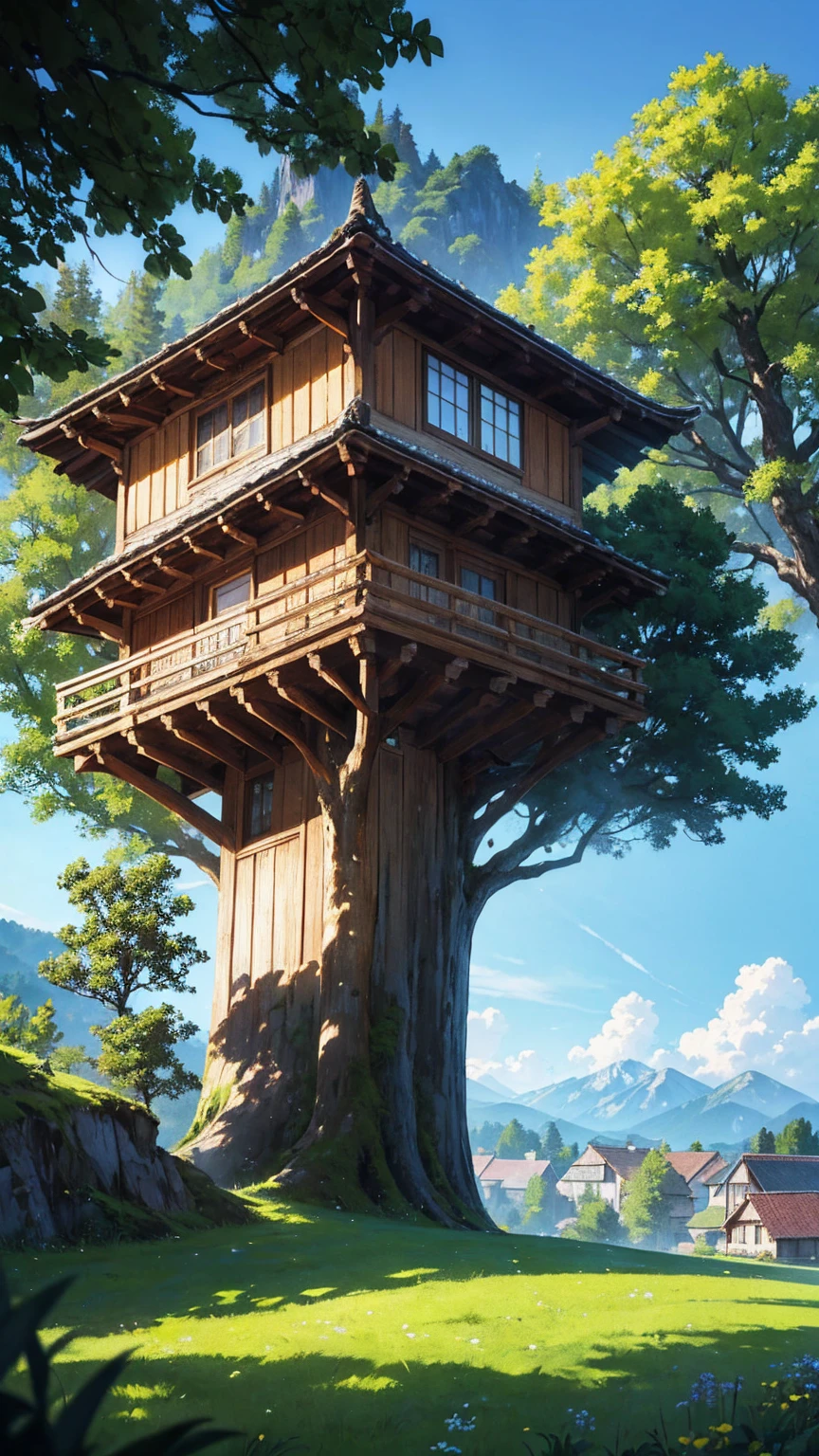 Create a sharp and vibrant 4K anime-style image depicting a serene, picturesque scene. The focal point is a small, cozy house nestled next to a colossal, ancient tree, both perched precariously at the edge of a towering mountain cliff. The house exudes warmth and simplicity, with wooden beams and a thatched roof, blending harmoniously with its natural surroundings. The tree, with its massive trunk and sprawling branches, dominates the scene, symbolizing strength and timelessness. Lush, green grass carpets the area around the house and tree, adding a touch of natural beauty.

The sky above is a brilliant blue, dotted with dense, fluffy white clouds typical of a clear summer day. The sunlight bathes the scene in a golden hue, casting soft shadows that accentuate the depth and detail of the environment. The perspective is from the bottom of the mountain, looking up, emphasizing the dramatic height of the cliff and the majesty of the tree. The image should convey a sense of peace and clarity, with every detail—from the blades of grass to the texture of the clouds—rendered in sharp, high-definition quality, capturing the essence of a perfect summer day.