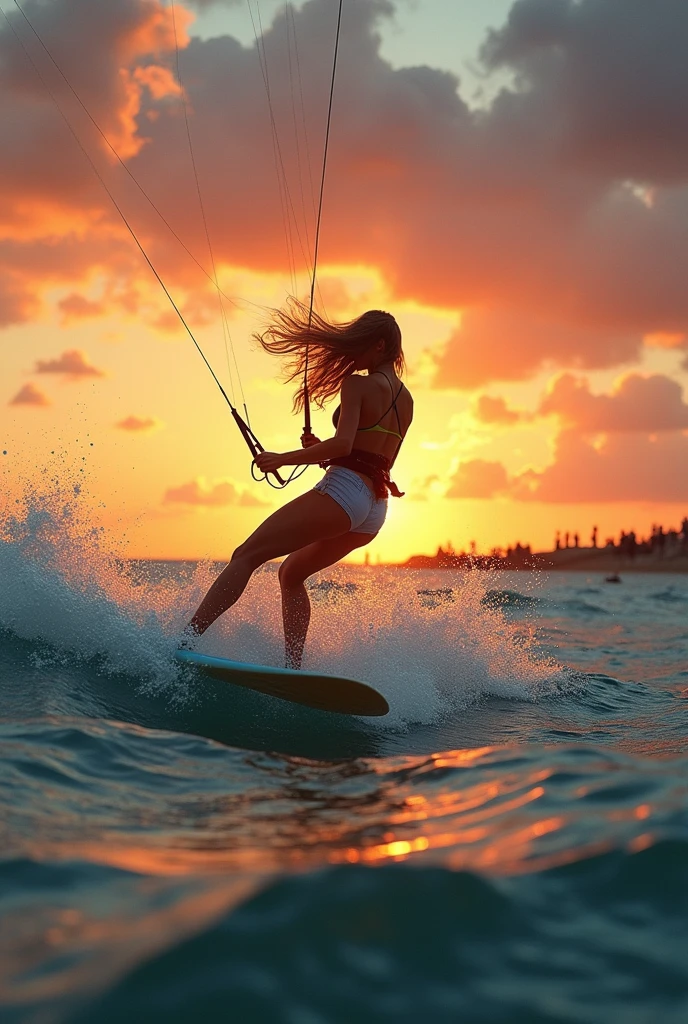 A woman sailing in the sea with kite surfing equipment while the audience watches her and the magnificent sunset 