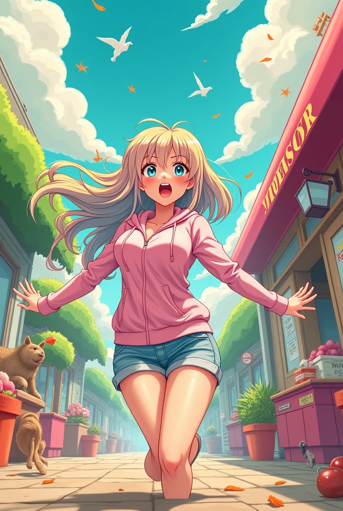 Vibrant anime-style artwork, a comical scene featuring a woman in a playful setting, exaggerated  expressions showcasing shock and surprise, colorful flowing hair with pastel hues, dynamic pose reflecting urgency, whimsical background with cartoonish elements, overflowing treasure  of humorous mishaps, clouds of exaggerated movement lines emphasizing chaos, lighthearted ambiance inviting laughter, bright color palette with vivid pinks, greens, and yellows creating a cheerful atmosphere, anime art techniques employed with clean lines and soft shading for depth, visual storytelling capturing the essence of comedic situations, lively characters interacting playfully with their surroundings, blending humor with impactful anime aesthetics to create an engaging visual narrative