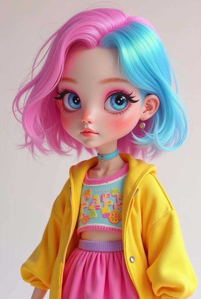 kawaii androgynous young girl dressed in bright 90's kid colorful clothes and short skirt, wearing bright kid color makeup eyeliner eyeshadow with lipstick, freckles, iridescent bright color short hair