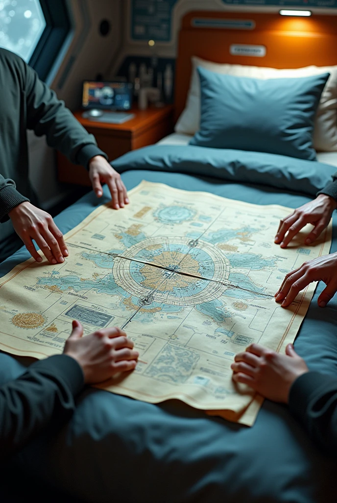 space ship, room with paper map of the ship&#39;s locations on the bed, arms reaching out to grab the map