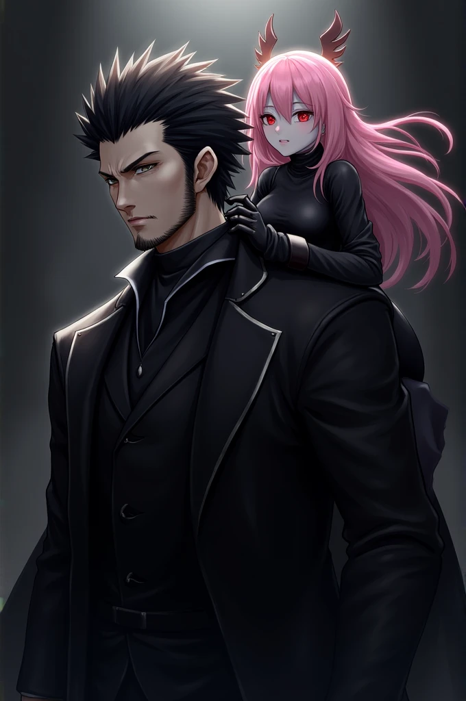 Mihawk Dulacre with black hedgehog hair and edged beard carrying pink haired Perona on his shoulder