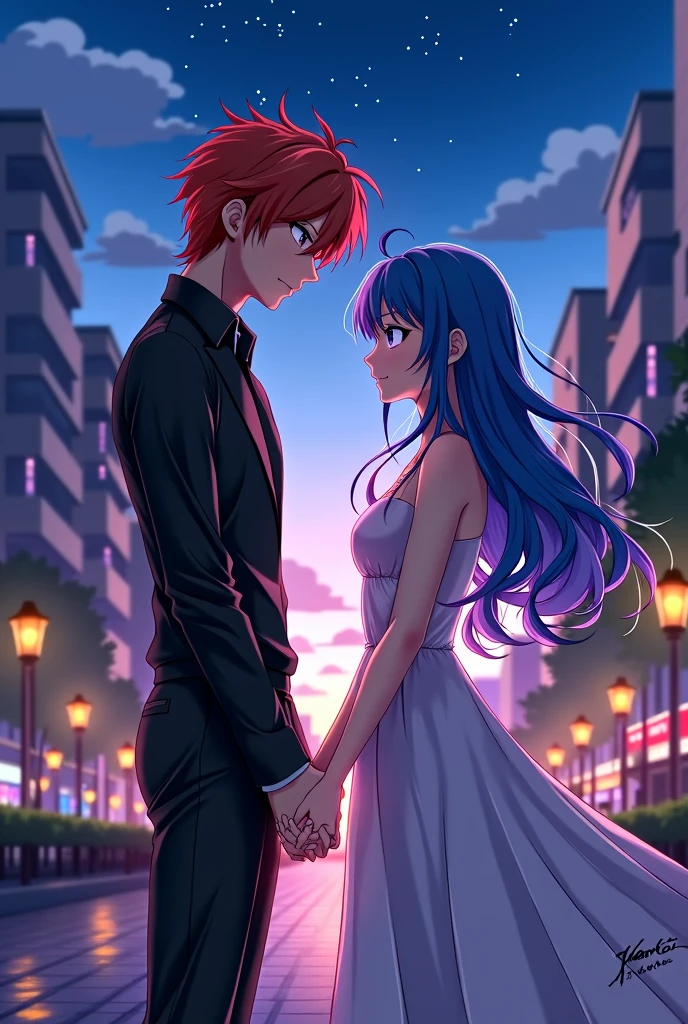 Make me a picture: anime art style, A man with red hair, red eyes and black clothes, holding the hand of a woman with long blue hair and purple tips, blue colored eyes, and white clothes, on a beautiful night in the city.