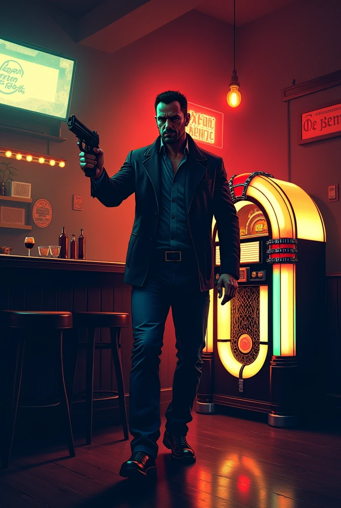 Man with gun in a bar with a jukebox, Vector style illustration