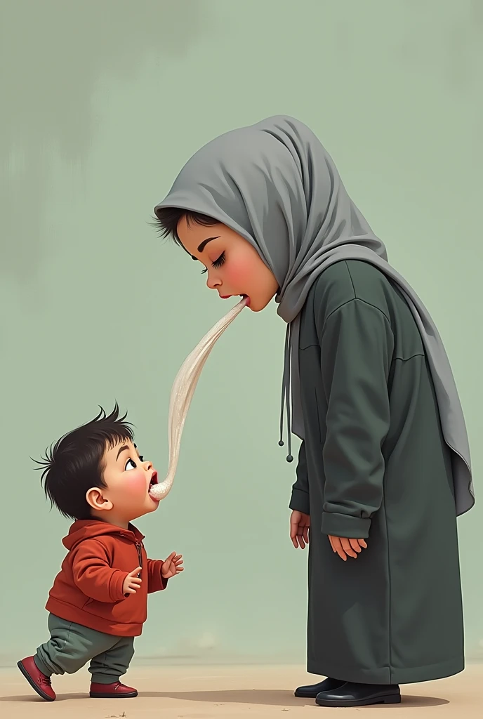 Drawing drawing of a tall age girl with grey hijab on spiting inside a little fat kids mouth, saliva, beautiful young girl, supermodel face of girl, as if they are in a cartoon, toon face, realistic anatomy