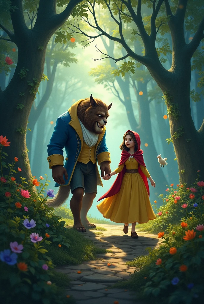 the beautiful, The beast and Little Red Riding Hood embarked on an adventure through the magical forest in search of an ancient spell that could reverse the curse.. On the way, faced challenges such as mischievous witches and enchanted creatures.