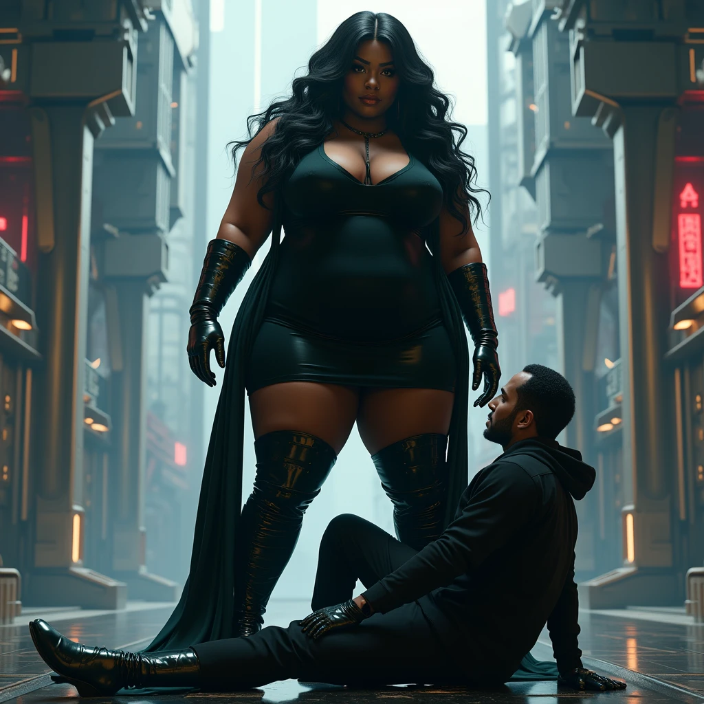 (photorealism:1.2) cyber realistic
beautiful ebony plus size dark brown skinned tone melanin women, with long flowing black hair bbw plus size curvaeous woman radiating authority ,A woman in long boots, black dress and black gloves holding another kneeling white man in formal clothes on a leash,