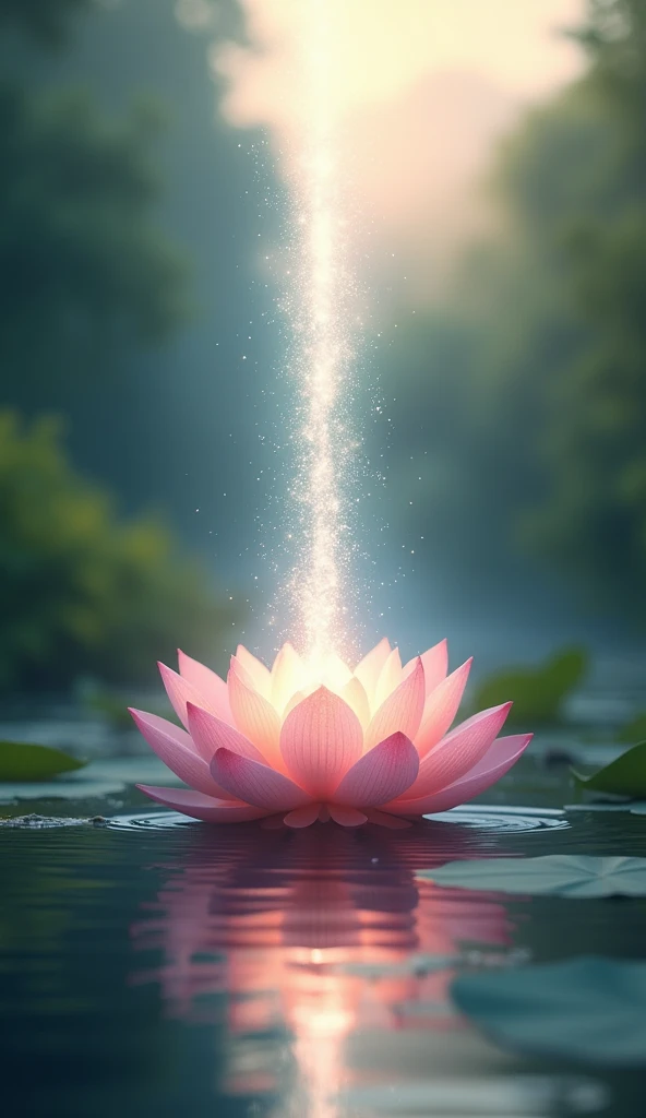 Design a 3D animated sequence where the lotus flower begins to transform. As it blooms, it slowly changes into a radiant light that rises from the pond and disperses into the sky. The surrounding water and pond should reflect the transformation, with gentle ripples that turn into luminous waves, symbolizing the spread of loving energy.