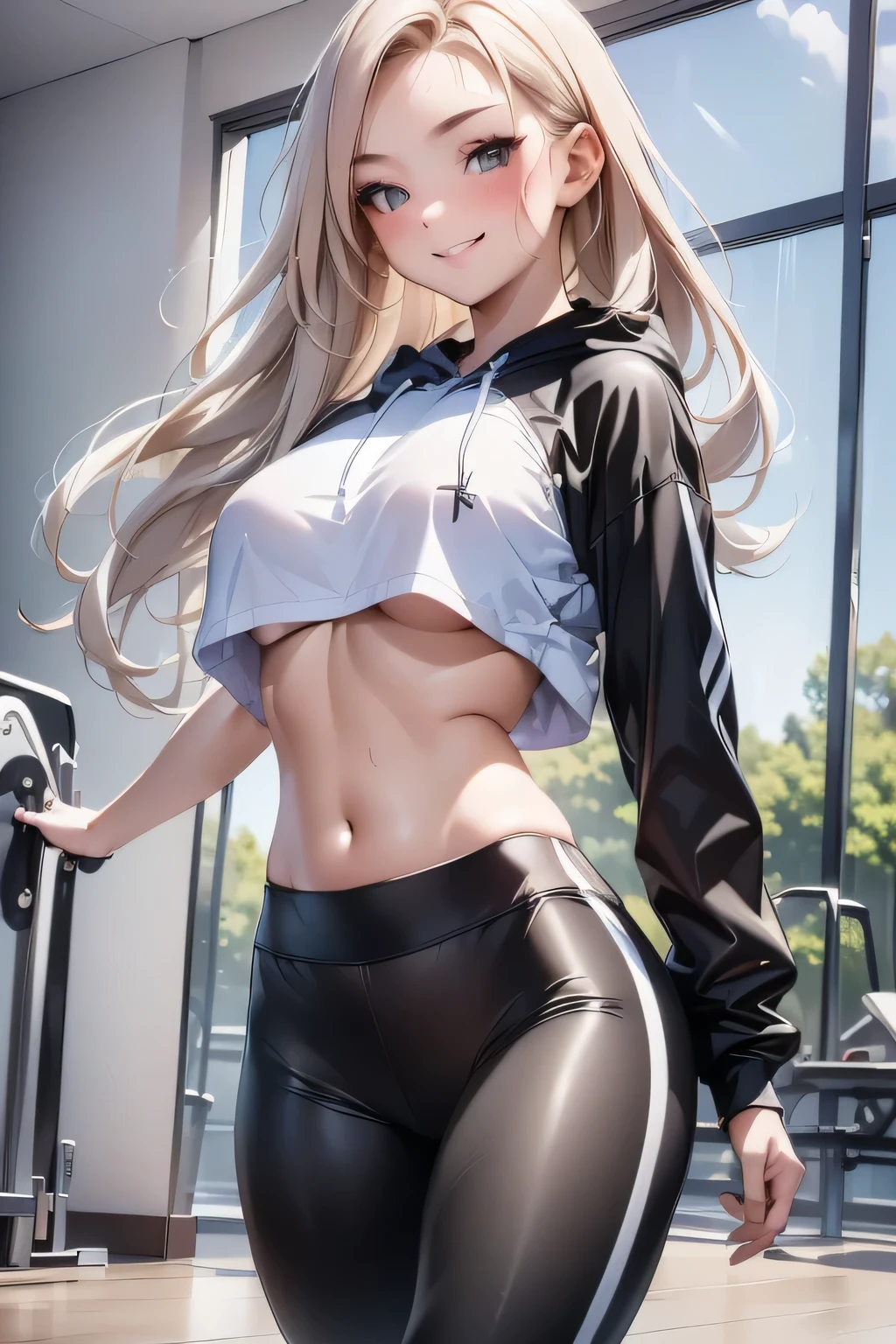 ((masterpiece,Highest quality,Highly detailed images,Beautiful images,Realistic)), ((1 girl, cool face, cool lady, Crop top,Black sportswear, Sporty hoodie、Long tights、small breasts, underboob, smile, blush)) ,((indoors、fitness gym, Hair swaying in the wind))
