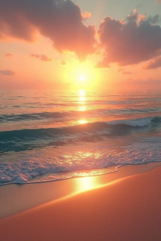 (photorealism: 1.2), photo realistic in the sea with sand and sun reflections sunset