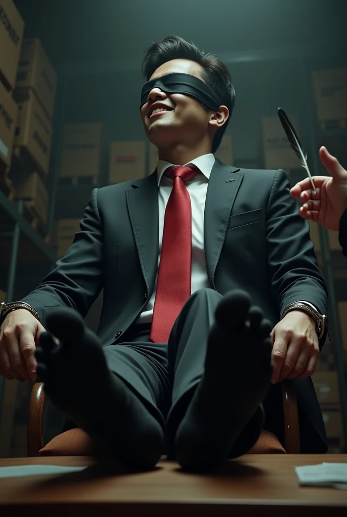 Malaysia malay handsome 22 years student
His handcuff in warehouse
Blindfolded
Black Suit and Red tie
feet on desk
feather
5 toes each feet
Black smelly sock
2 man under his feet
1 man take off his socks
1 man holding feather tickle his feet
He laugh very hard