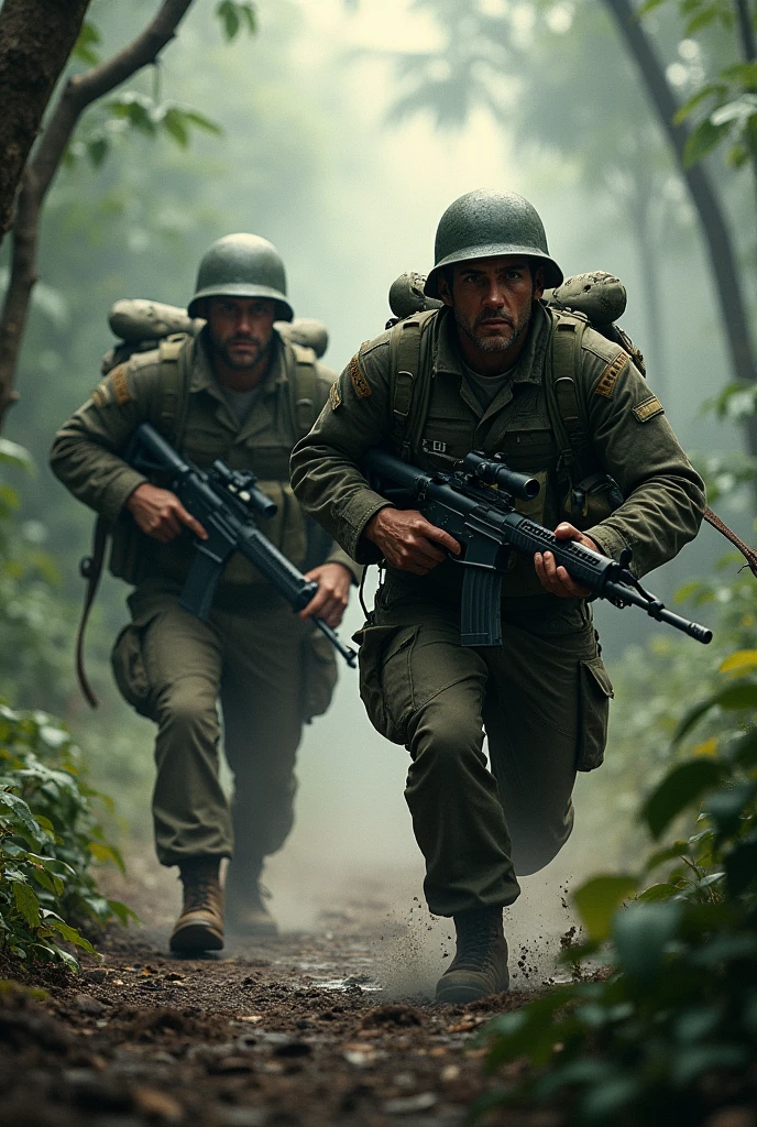 Two soldiers are fleeing from the guerrillas.