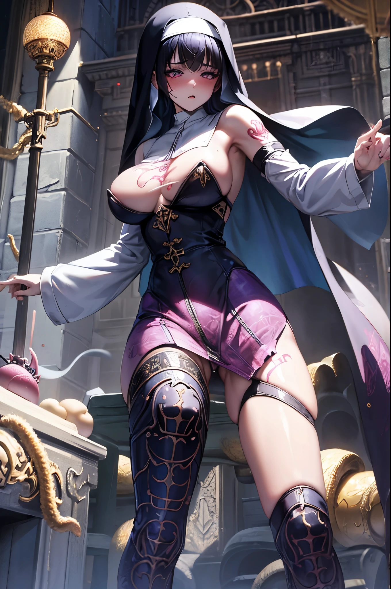tentacle suit, corruption, hentai, masterpieces, up scale, 16k, RPG game, nun, bitch tattoo, semen on body, blush, fuzzy face, perfect body shape, lewd, depression, open legs, showing off