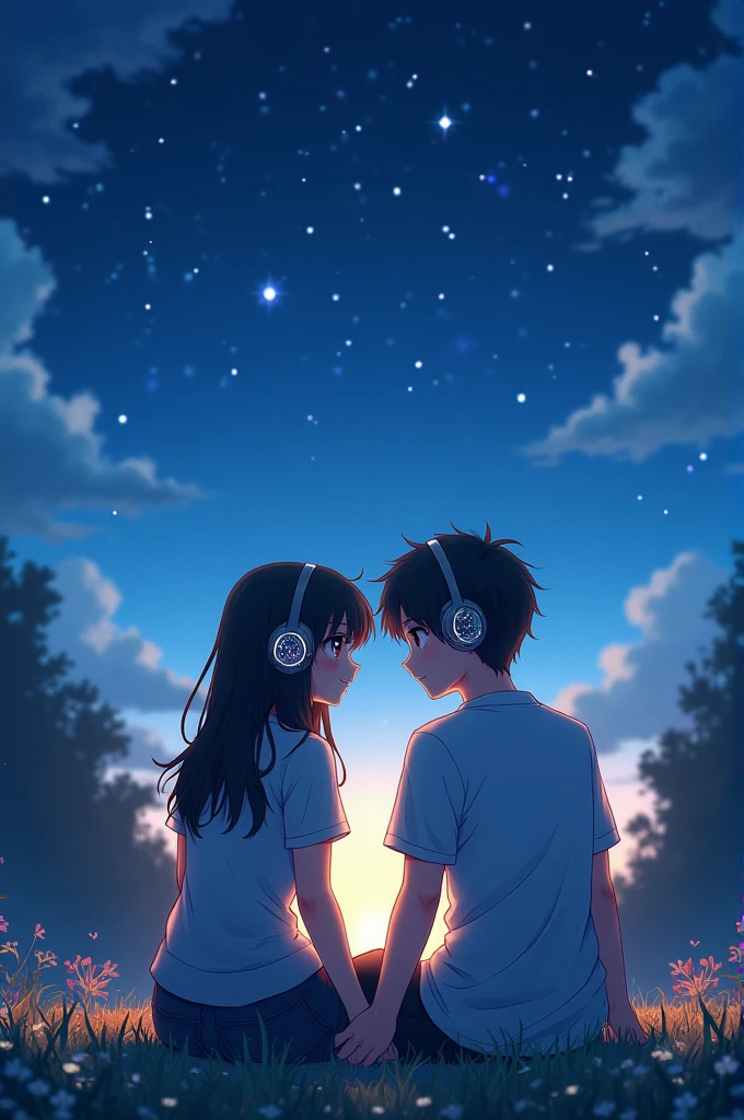 Romantik anime couple listing music with headphones watching night sky