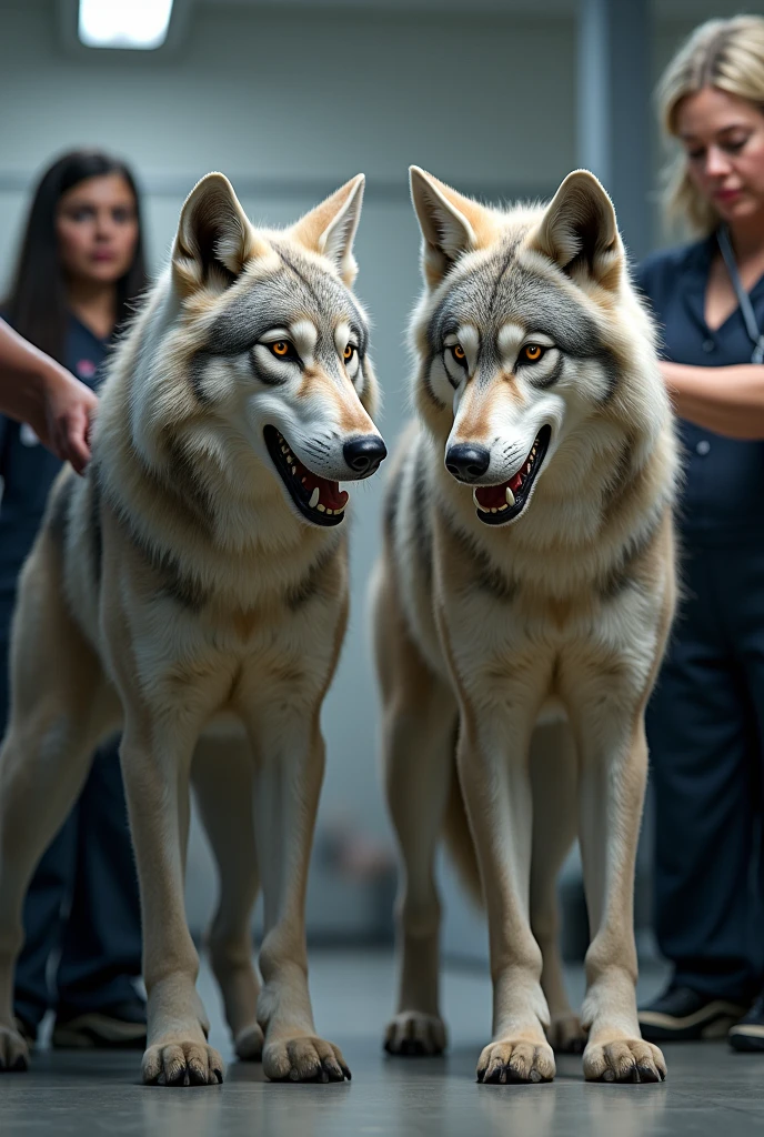 Make a picture of two dogs (lobos) being groomed